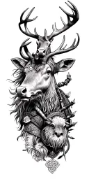 highland stag, knights templar knight, bagpiper, highland cow, unicorn, celtic knots and scottish thistle as filler tattoo design idea