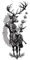 highland stag, knights templar knight, bagpiper, highland cow, unicorn, celtic knots and scottish thistle as filler tattoo design idea