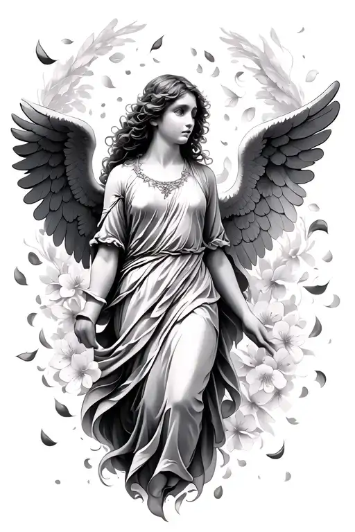 cherry blossom petals falling angel tattoo design idea