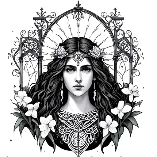 Celtic Goddess, Rhiannon. surrounded by gates and daffodils tattoo design idea