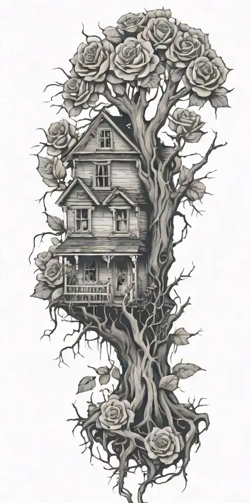 abandoned broken home, tree roots, roses tattoo design idea