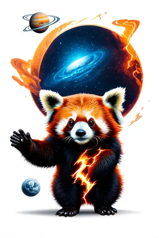  red panda ingolved in red lightning with the mark of Jupiter and the planet Jupiter in space in the background  tattoo design idea