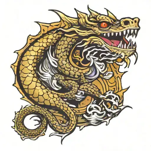 Dead dragon on a hoard of golden treasure, with foul smoke coming out of its nostrils tattoo design idea
