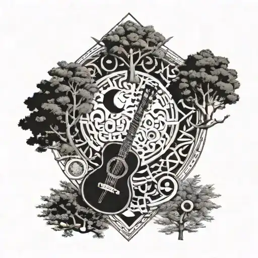 Albanian symbols forming a moon shape surrounded by musical instruments and trees tattoo design idea