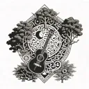 Albanian symbols forming a moon shape surrounded by musical instruments and trees tattoo design idea