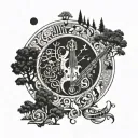 Albanian symbols forming a moon shape surrounded by musical instruments and trees tattoo design idea