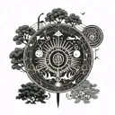 Albanian symbols forming a moon shape surrounded by musical instruments and trees tattoo design idea