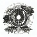 Albanian symbols forming a moon shape surrounded by musical instruments and trees tattoo design idea