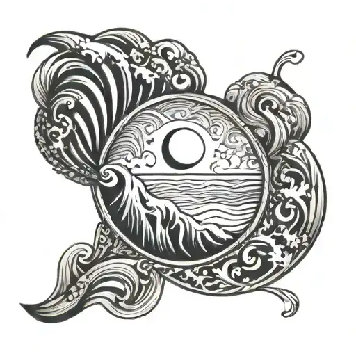 thin line wave tattoo around ankle with sun and moon tattoo design idea