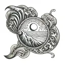 thin line wave tattoo around ankle with sun and moon tattoo design idea