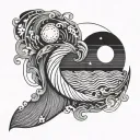 thin line wave tattoo around ankle with sun and moon tattoo design idea