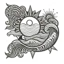 thin line wave tattoo around ankle with sun and moon tattoo design idea