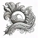 thin line wave tattoo around ankle with sun and moon tattoo design idea
