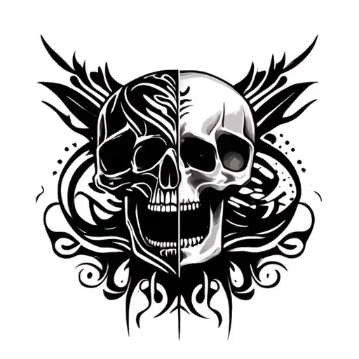 2 superimposed human skulls tattoo design idea