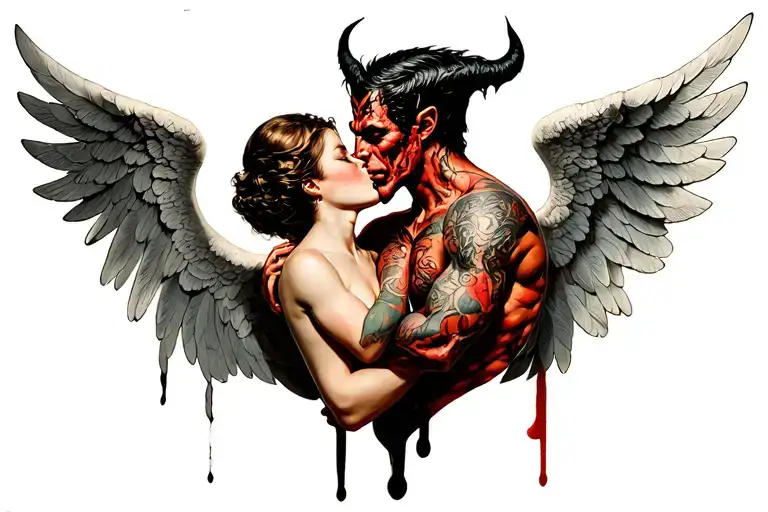 female angel kissing a male devil tattoo design idea