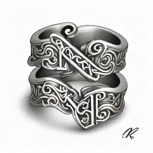 M and K letters on 2 wedding rings intertwined tattoo design idea