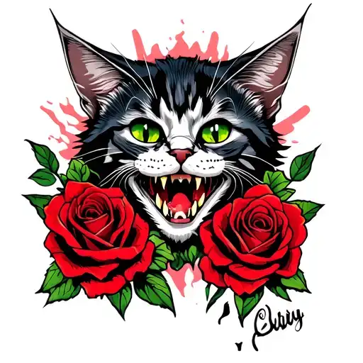 A punk rock inspired cat with sharp teeth displayed and red roses around it tattoo design idea