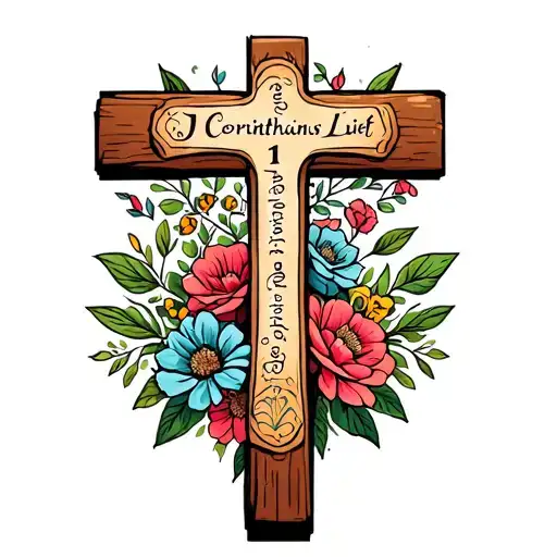 1 Corinthians 13 on a wooden cross surrounded by flowers tattoo design idea