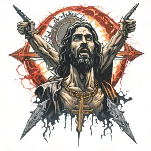 Black Jesus on a cross with a red lightning going through the cross with a legion of angels in the air with swords  tattoo design idea