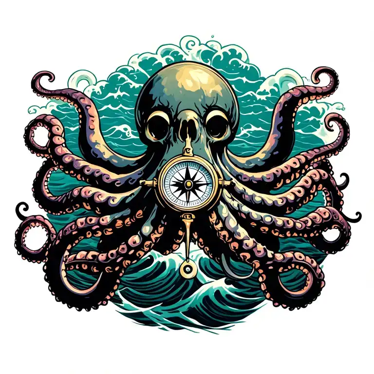 kracken octopus hold compass with waves, tentacles spread out tattoo design idea