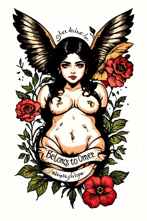 A lower stomach tattoo placed just below the belly button, featuring the phrase 'belongs to Ömer' in femingangsta-style  tattoo design idea