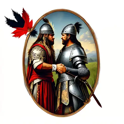 native canadian and old english knight shaking hands  tattoo design idea