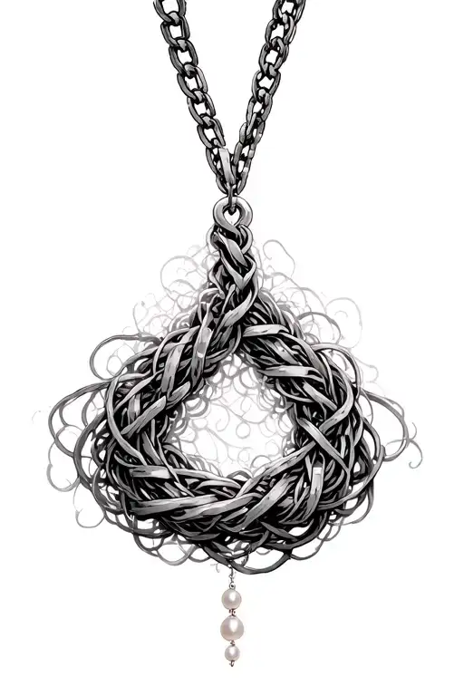 tangled necklasses of loosely tangled pearl strings with some small gold chains mixed in in a loose U shape tattoo design idea