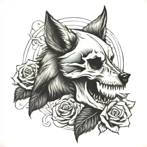 Wolf skull roses gothic  tattoo design idea