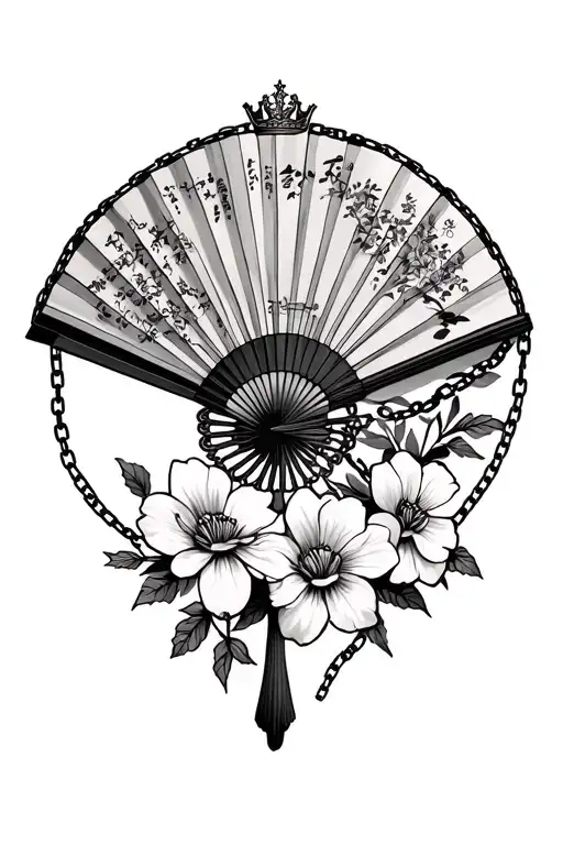 Chinese fan with flowers underneath it and chain around the fan with a tiny crown tattoo design idea