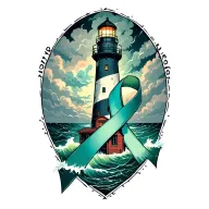 a lighthouse in very stormy weather with a ovarian cancer ribbon around the lighthouse  tattoo design idea