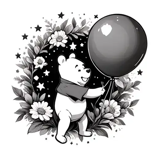 Winnie the Pooh holding a balloon surrounded by stars and flowers  tattoo design idea