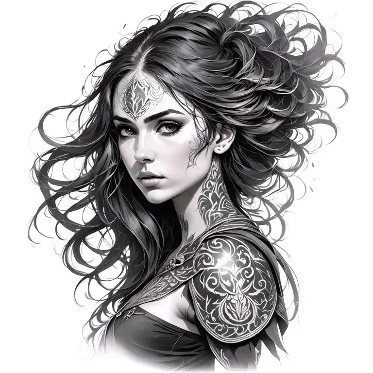 Main subject: "Warrior" woman, "Katarina-inspired" "Fantasy Assassin" Hair: Long hair S tattoo design idea