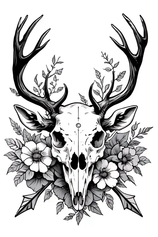 Deer skull arrow piercing down the middle with flowers intertwined tattoo design idea