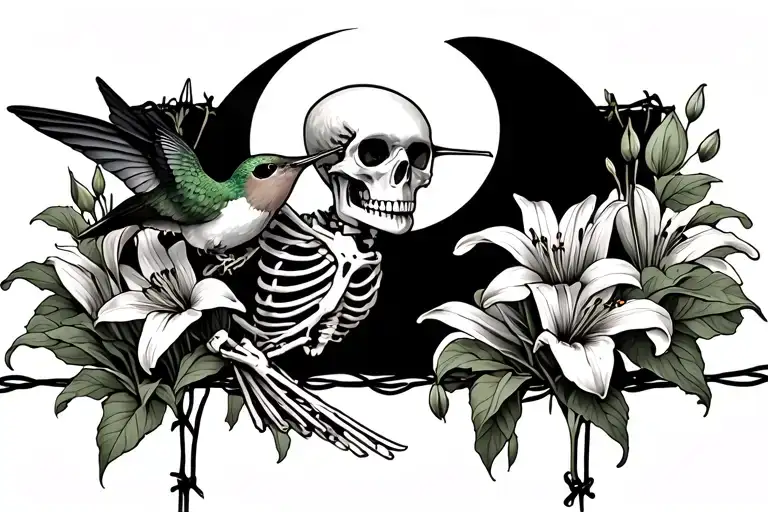 a skeleton holding a hummingbird, lilies growing on barbed wire and a half moon tattoo design idea