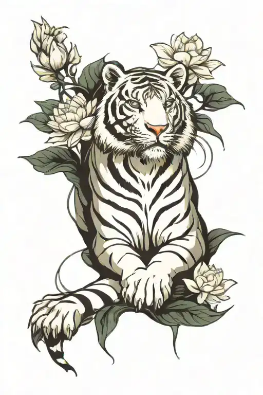white tiger with a glowing lotus flower underneth tattoo design idea
