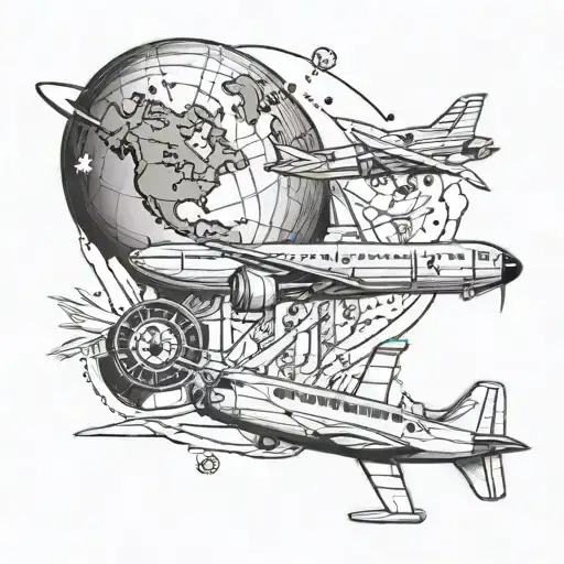 geography, science and airplane tattoo design idea