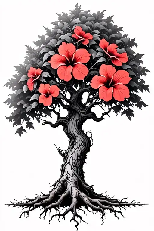 psychedelic minimalist creepy tree with faded light red hibiscus flowers and roots tattoo design idea