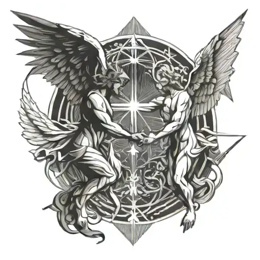 angel and demon fighting over soul pulling upwards to heaven and downward toward hell  tattoo design idea