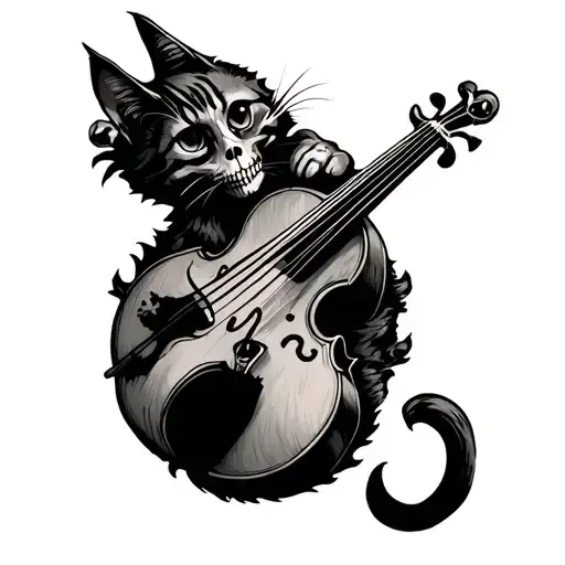 cat fiddle in the under world with skulls tattoo design idea