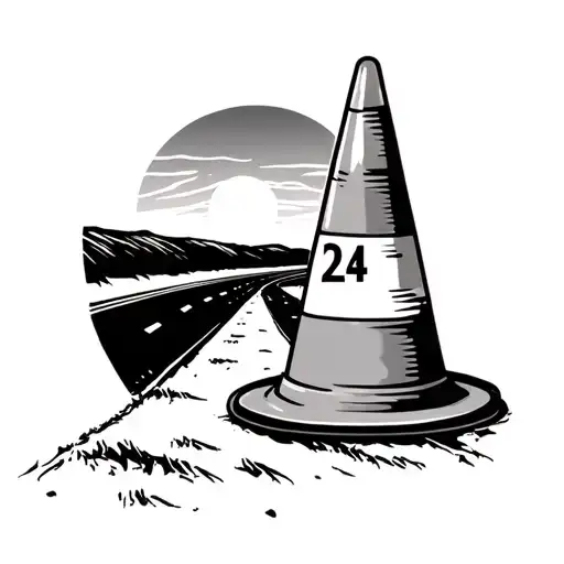 construction cone on highway with mile sign 224 and sunset tattoo design idea