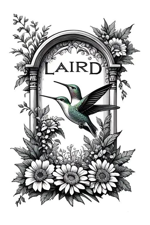 "LAIRD " HEADSTONE and flowers coming from around it with a hummingbird eating from a flower tattoo design idea