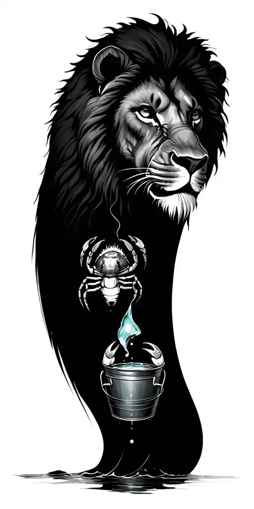 clouds , lion head , crab , bucket of water , scorpion tattoo design idea