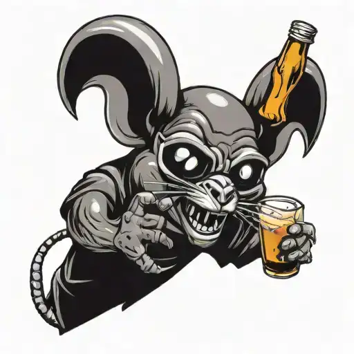 drunk rat standing wearing the mf doom mask. Holding beer bottle and cheese in each hand. drunk bubbles around his head tattoo design idea
