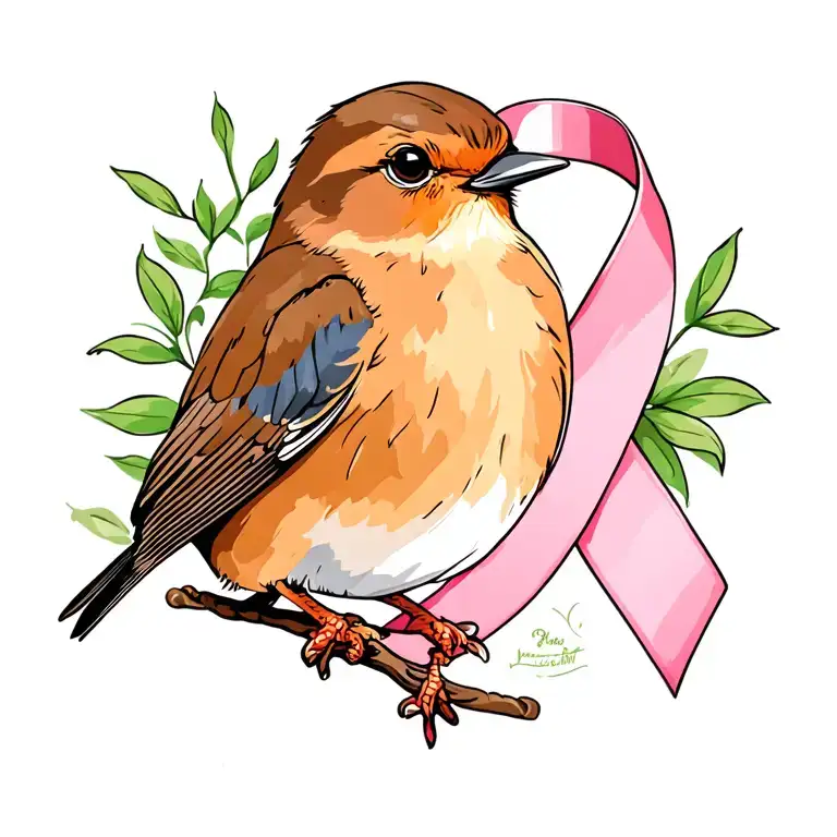 Robin with breast cancer ribbon intertwined tattoo design idea