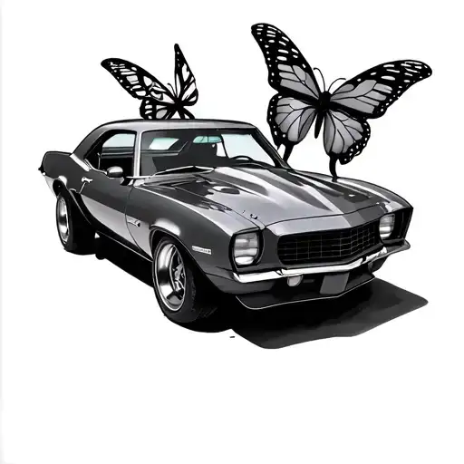 simple 1969 Camaro with butterfly wings holding tattoo design idea