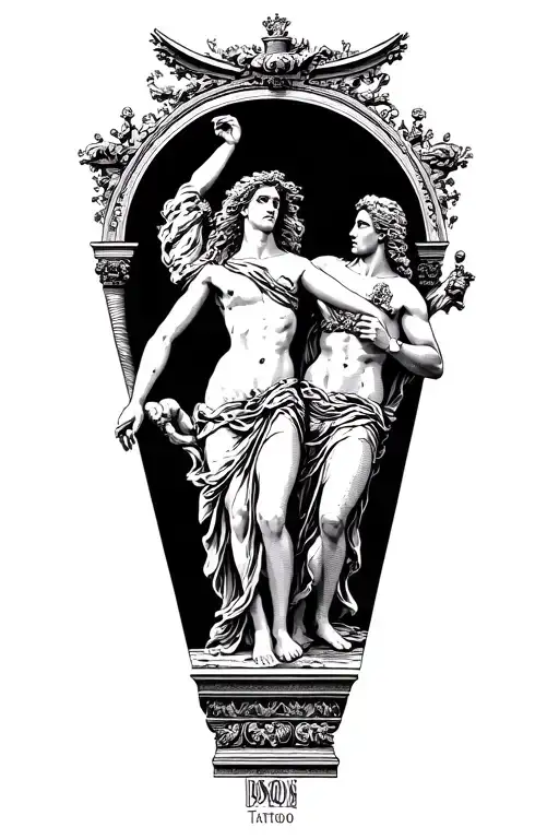 Greek gods, Aphrodite, Zeus, Poseidon, Hermes, dancing women, thrones and pillars tattoo design idea