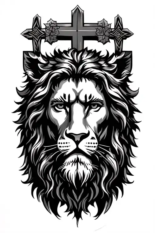 Jesus Christ face with lion underneath and cross in the background  tattoo design idea
