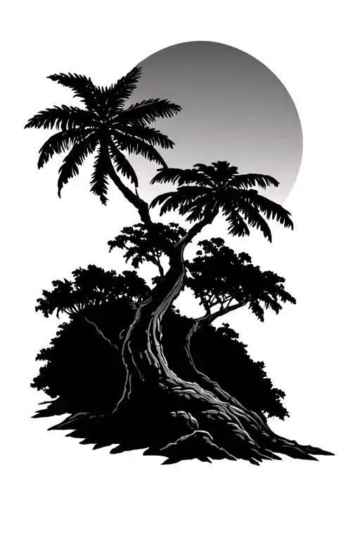 black forest tree with palm tree with philippines sun Konzept art tattoo design idea