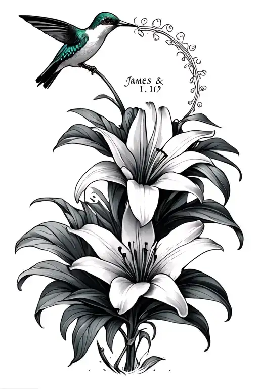 three lilies with a hummingbird drinking out of the top one, the words, "James 1:19" near the top around a flower, large tattoo design idea