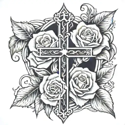cross and roses tattoo design idea